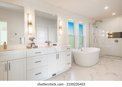 Clean and simple white bathroom washroom restroom freestanding bathtub colorful windows faucets glass wall shower