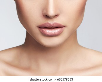 Clean Skin Woman Face Part.Beauty Makeup Detail.sexy Lips.foundation And Powdered Face