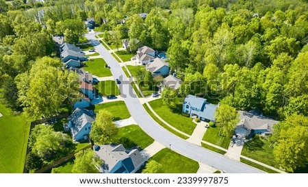 Clean street with rural neighborhood surrounded by trees aerial