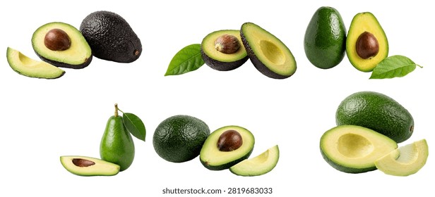 A clean studio collection of assorted avocado varieties shown whole, halved, sliced, and wedged on white.