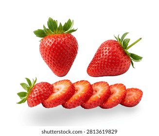 Clean studio shot of vibrant, ripe strawberries arranged with delicious fruit slices over a pure white surface.