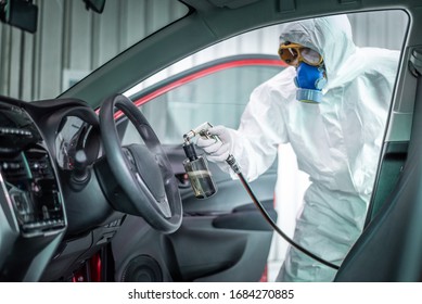 Clean Surfaces In Car With A Disinfectant Spray. Help Kill Coronavirus In  Car After Going Out.