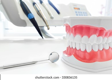 Clean Teeth Denture, Dental Jaw Model, Mirror And Dentistry Instruments In Dentist's Office. 