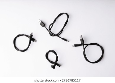 A clean, top-down studio shot features four black USB cables artfully arranged on a pristine white background. The collection showcases various connector types, including USB-A and USB-C, with some cables featuring a durable braided design and others a smooth finish. These essential accessories symbolize modern device connectivity, charging, and data transfer, highlighted by soft, even lighting and subtle shadows. Perfect for technology, electronics, and communication themes.
