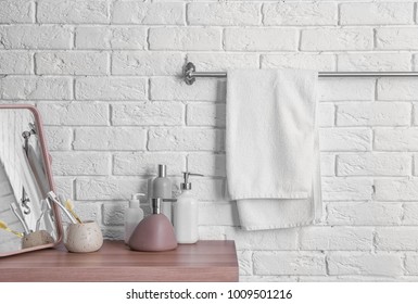 Clean Towel On Rack In Bathroom