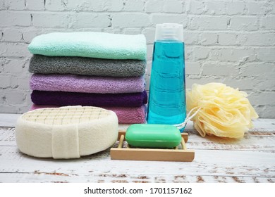 Clean Towel and Shower accessories bath items - Shutterstock ID 1701157162