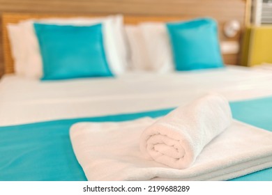 Clean towels on bed at hotel room. Clean towels on bed at hotel room. Towel in Hotel Room , Welcome guests , Room service. - Shutterstock ID 2199688289