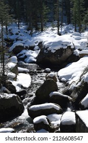 Clean Water Brook Flowing With Huge Boulders Covered With Snow.