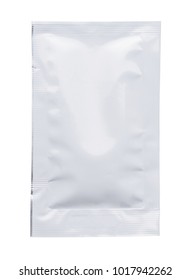 Clean White Blank Closed Foil Sachet With Pre Cut Tear Mark Isolated On White Background