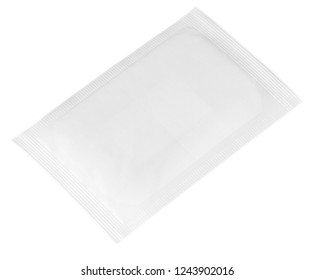 The Clean White Blank Closed Foil Sachet With Pre Cut Tear Mark Isolated On White Background