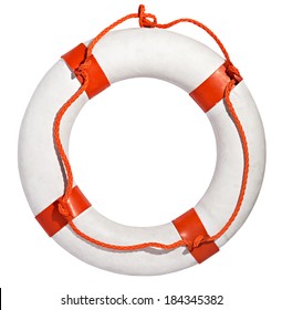 Clean White Life Ring, Lifesaver Or Life Preserver With Red Rope For A Drowning Person To Grab Isolated On A White Background