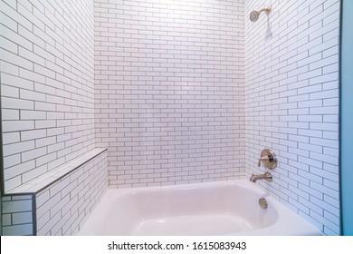 Clean White Tiled Shower Combination Tub Bright Interior