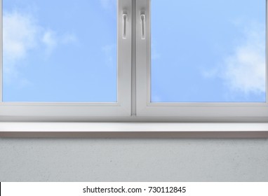 Clean Window With An Empty Sill  And Blue Sky