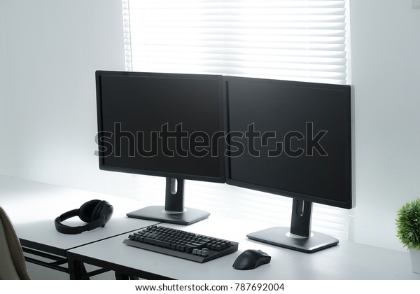 Clean Workspace Using Dual Monitor Setup Stock Photo Edit Now
