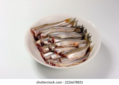 Cleaned small headless fish in a white plate