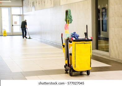 Cleaner Is Cleaning The Floor, Cleaning Trolley