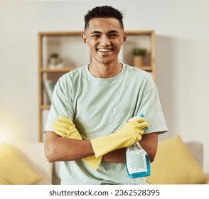 Cleaner, man in portrait and chemical with arms crossed, happy and hygiene with housekeeping, detergent and gloves. Janitor, cleaning solution in bottle with smile and professional housekeeper - Shutterstock ID 2362528395