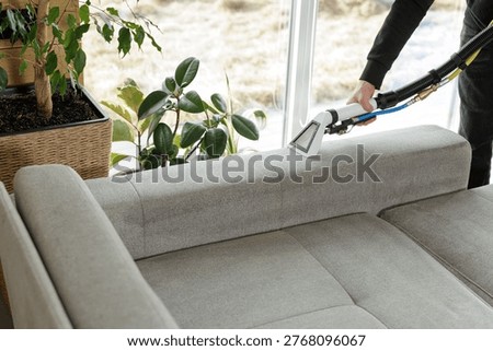 Cleaner performs deep upholstery cleaning on sofa using extraction machine near window. Ideal for cleaning service advertising and home care marketing.