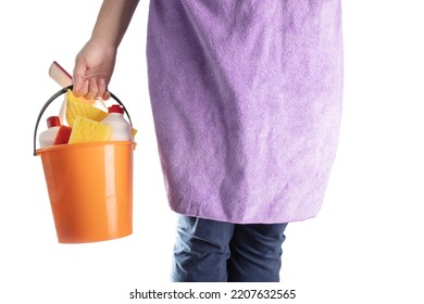 Cleaner Woman With Detergents Isolated On White Background, Cleaning Service, Professional Housekeeper