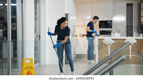 Cleaner, woman and mopping floor in office for fumigation, disinfect and safety suit from disease risk in building. Maintenance, person and chemical liquid of pest control, health and hygiene - Powered by Shutterstock