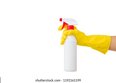 Cleaner's hand in yellow rubber protective glove holding spray bottle. Isolated on white. General or regular cleanup. Commercial cleaning company. Empty place for text or logo. Clipping path. Cut out.