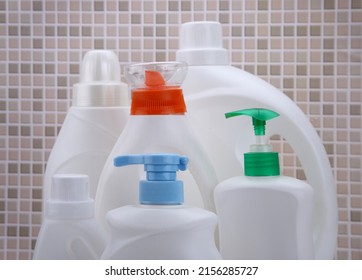 Cleaning Agent, Detergent And Liquid Soap Dispenser Bottle On The Bathroom Background. Product Presentation Of Cleaning Products Mockup. Home Cleaning Supplies In Plastic Bottles Mock Up