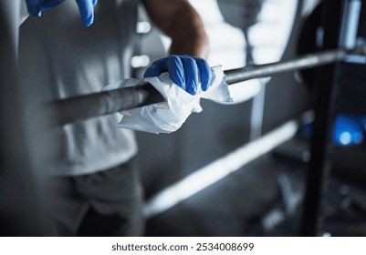 Cleaning, barbell and hands of person in gym for disinfection, sanitary and bacteria. Health, wellness and germs with closeup of athlete and sports equipment for safety, virus and disease prevention - Powered by Shutterstock