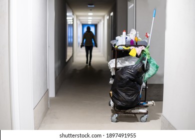 Cleaning Cart in the station.Cleaning cart with wall background.cleaning cart copy space