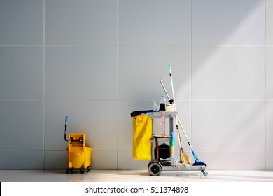 Cleaning Cart in the  station.Cleaning cart with wall background.cleaning cart copy space 