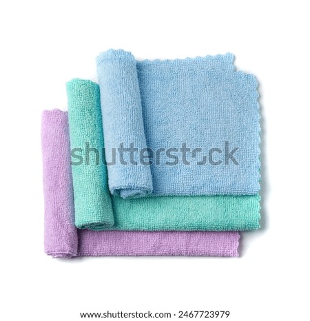 Cleaning cloth stack isolated. Wipe rag, cleaning microfiber towel, wiping cotton napkin, microfibre fabric, kitchen cloths on white background top view