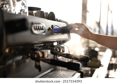 Cleaning the coffee machine by using an automatic cleaning button to release a hot pressure water to clean inside the pipe.