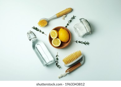 Cleaning Concept With Eco Friendly Cleaning Tools And Lemons On White Background