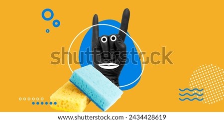 Cleaning concept. A hand in a black glove shows the devil's horns sign, peeking out from behind colored sponges. Humorous minimalist art collage. Anthropomorphism