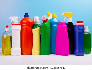 Cleaning concept. Set of cleaning detergents in colored plastic bottles. Clean house. - Powered by Shutterstock