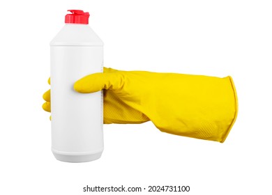Cleaning concept - yellow rubber protective gloves hold cleaning agent bottle isolated on white background. Cleaning Service Worker. File contains clipping path.