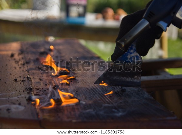 Cleaning Countertop Old Paint Fire Woodworking Stock Photo Edit