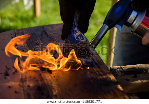 Cleaning Countertop Old Paint Fire Woodworking Stock Photo Edit