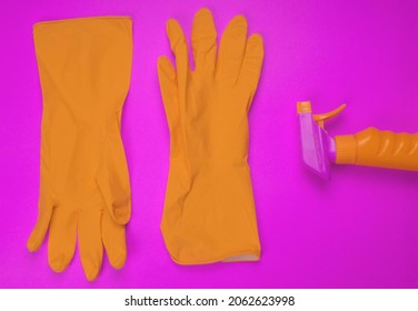 Cleaning, Desinfection Concept. Detergents And Cleaning Accessories In Pink Color. Cleaning Service, Small Business Idea. Flat Lay, Top View. Commercial Cleaning Company Concept. Disinfection Product.