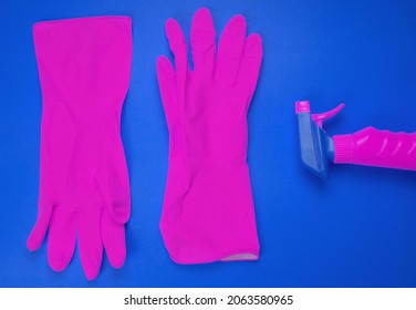 Cleaning, Desinfection Concept. Detergents And Cleaning Accessories In Pink Color. Cleaning Service, Small Business Idea. Flat Lay, Top View. Commercial Cleaning Company Concept. Disinfection Product.