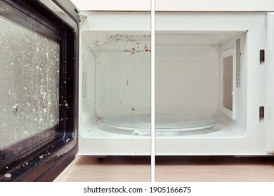 Cleaning A Dirty Tray Of The Microwave Oven Before And After The Problem Is Resolved.