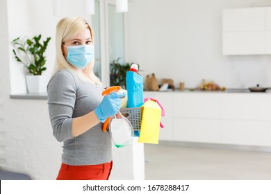 Cleaning And Disinfection At Town Complex Amid The Coronavirus Epidemic. Professional Teams For Disinfection Efforts. Infection Prevention And Control Of Epidemic. Protective Gloves And Mask