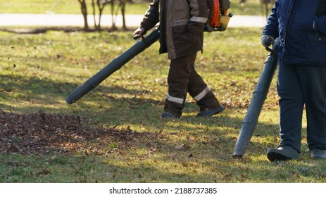 Cleaning Falling Leaves In A City Park In The Spring Sunny Dry Time. Using Leaf Blower For Cleaning Of The Green Grass In The Park. Seasonal Occupation Concept. Low Angle View