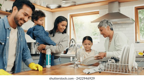 Cleaning, family and man in a kitchen with cloth for table, hygiene or clean living space after dinner. Washing, dishes and guy parent with household chore for safety from bacteria, dirt or germs - Powered by Shutterstock