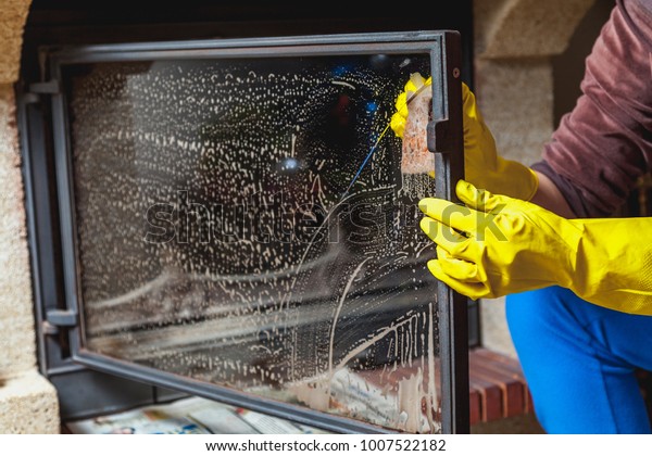 Cleaning Fireplace Hands Yellow Rubber Gloves Stock Photo Edit