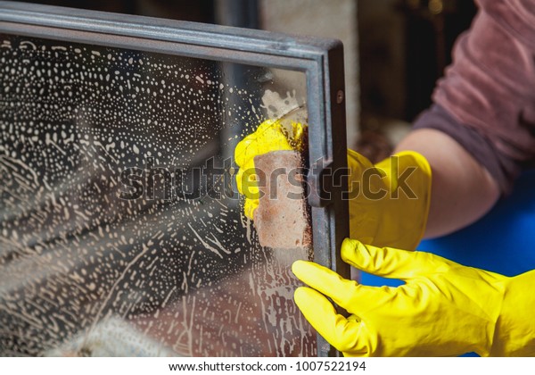 Cleaning Fireplace Hands Yellow Rubber Gloves Stock Photo Edit