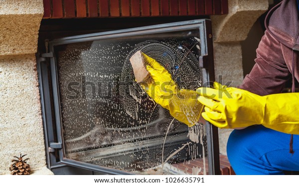 Cleaning Fireplace Hands Yellow Rubber Gloves Stock Photo