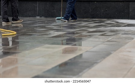  Cleaning Floor With Self-cleaning Flat Mop.  Cleaning Concept.