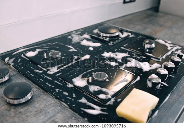 Cleaning Glass Ceramic Hob Gas Stove Royalty Free Stock Image