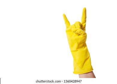 Cleaning Glove Making Rock Gesture Isolated On White