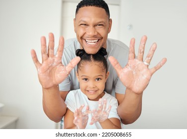 Cleaning, Hand And Happy Family Portrait By Father And Daughter Washing Hands In Bathroom At Home, Relax And Cheerful. Hygiene, Care And Fresh Palms On Parent And Child Enjoying And Playing With Soap